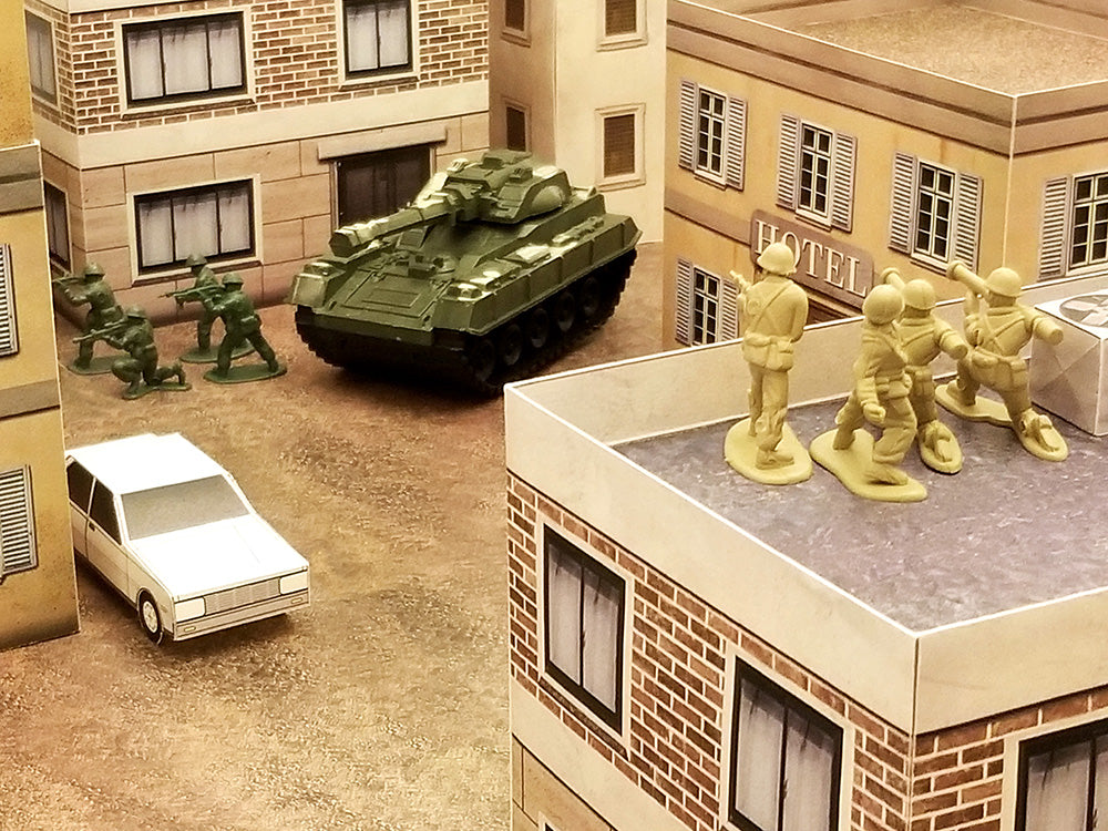 Tan Plastic Army Men taking a look at an oncoming tank flanked by green plastic army men