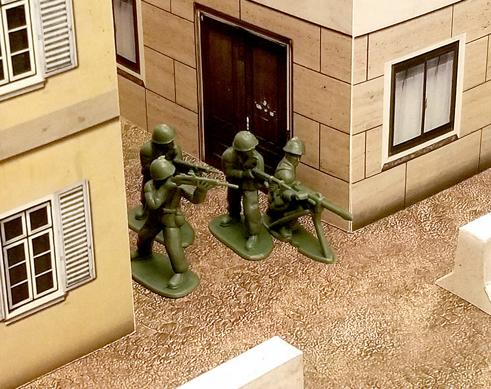 green plastic army men coming out of an alleyway with weapons at the ready