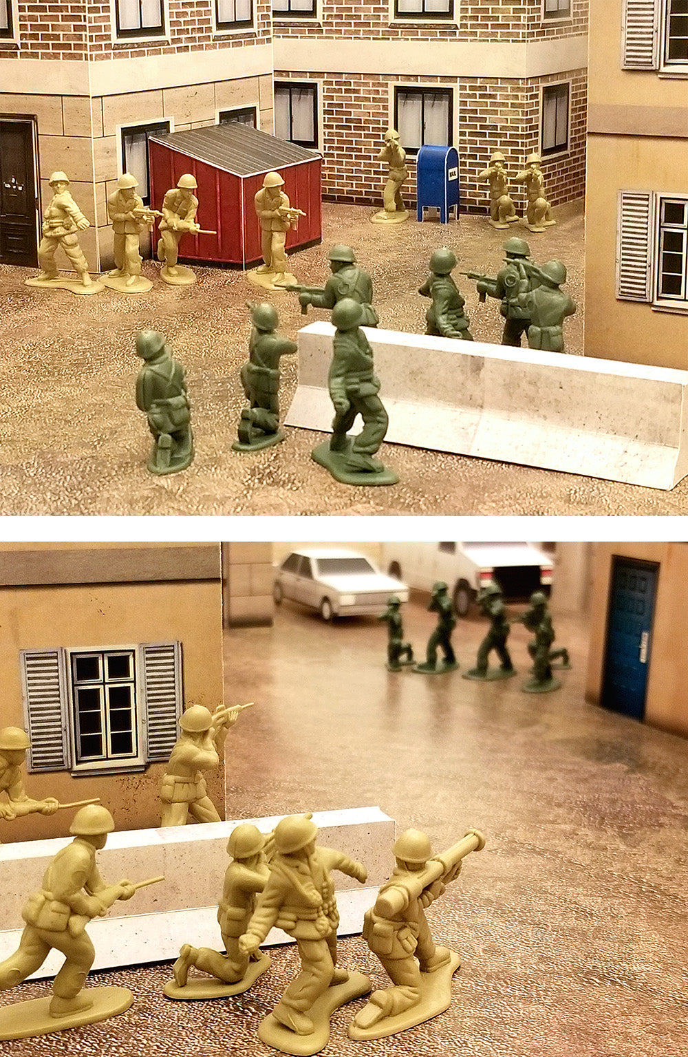 green and tan plastic army men battle it out in a papercraft terrain city complete with dumpster, mailbox and concrete barrier
