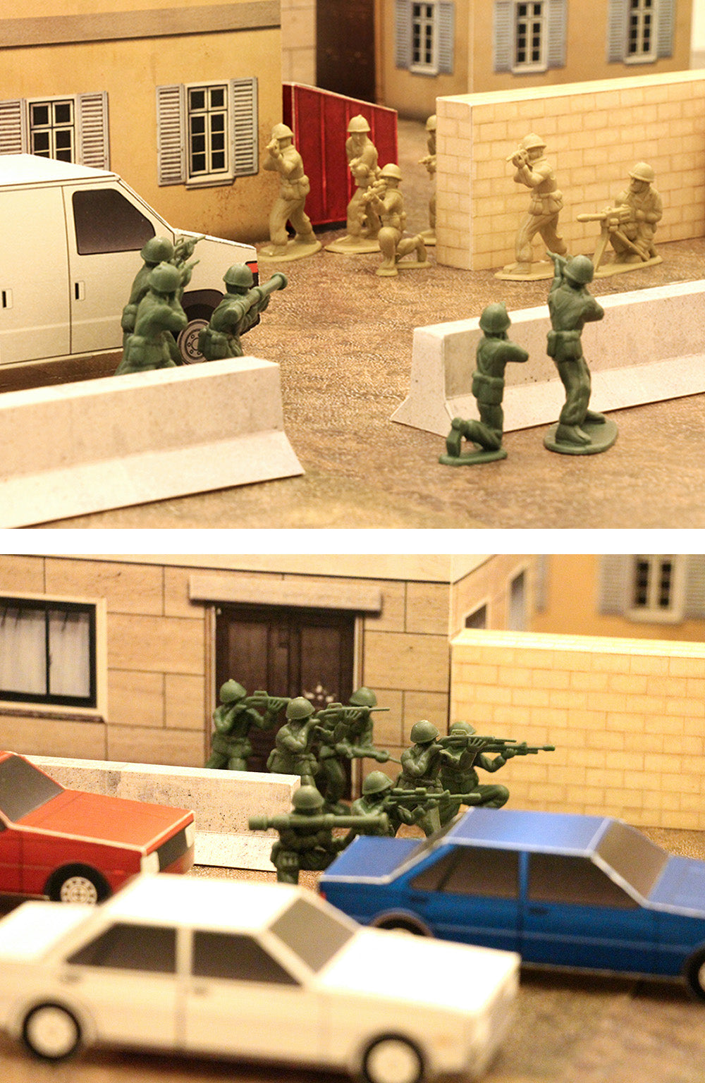 green army men face off against tan plastic army men in a city street made of papercraft terrain